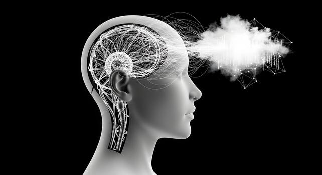 Minimalist profile view of an android head with a neural network flowing into a data cloud photo