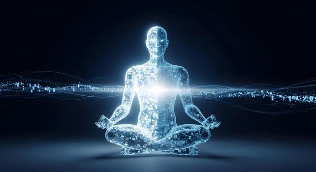 Ethereal, translucent robot made of data particles meditating in a dark void, symbolizing digital consciousness, artificial thought, machine soul photo