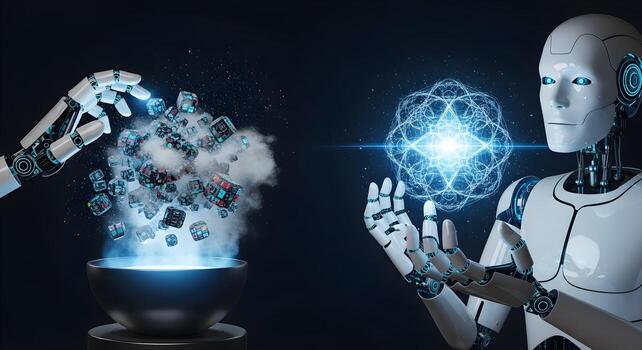 AI data alchemy concept shows a robot transforming a chaotic cloud of raw information into an organized, structured pattern photo