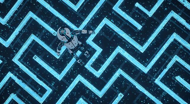 Top-down view of a robot navigating a complex data labyrinth photo