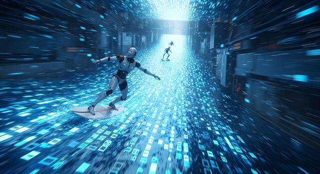 Dynamic photorealistic image of a robot surfing on a high-speed river of digital data photo