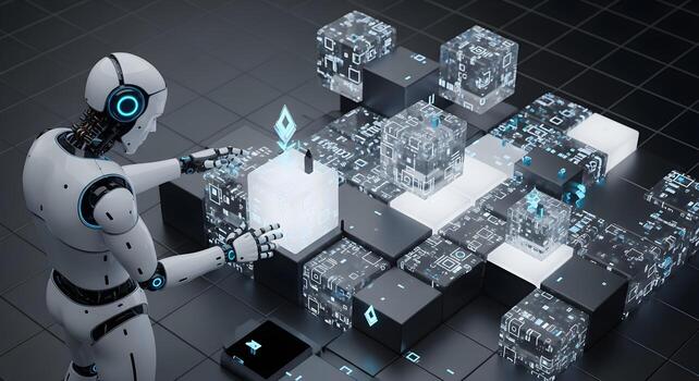 la seguridad cibernética concepto de un robot resolviendo un complejo 3d datos rompecabezas, simbolizando cifrado, descifrado, resolución de problemas foto