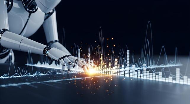 Futuristic concept of AI in music and audio technology, with a robot generating glowing sound waves and equalizer bars photo