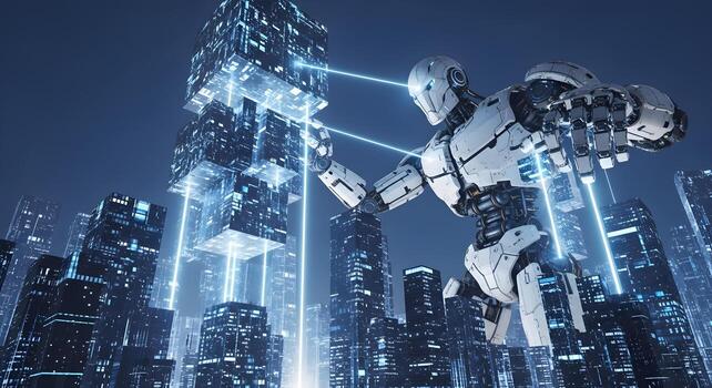 Colossal robot architect building a futuristic smart city with glowing data blocks photo