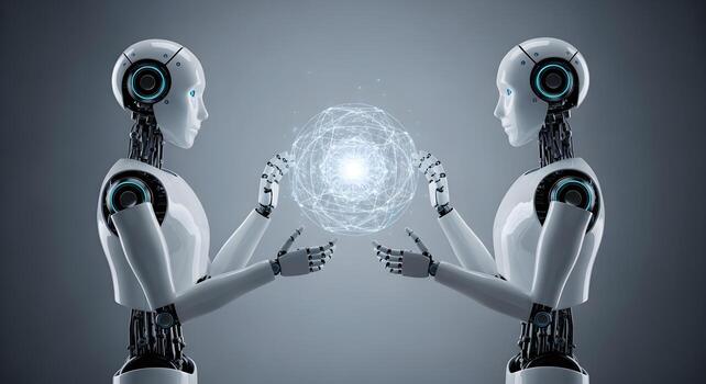 Two robots collaborating and sharing a complex data sphere photo