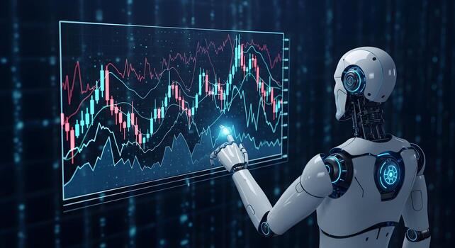 Financial technology concept of an AI robot analyzing a 3D holographic stock market chart, representing algorithmic trading, fintech innovation, investment strategy photo
