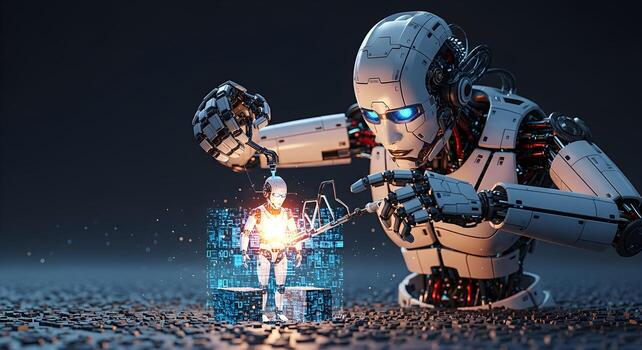 The evolution of AI shown as a robot building a smaller version of it photo