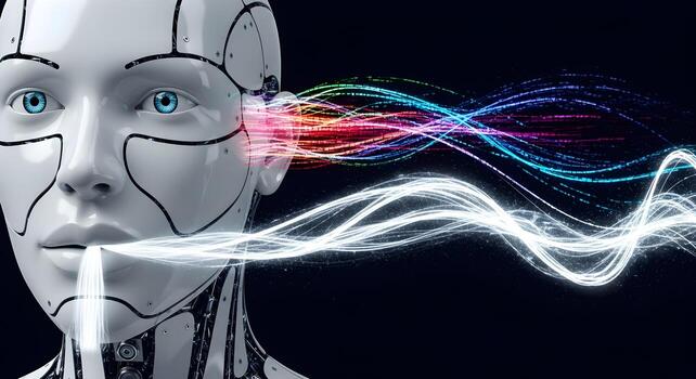 AI language translation visualized by a robot processing multiple language data streams and producing a unified output photo