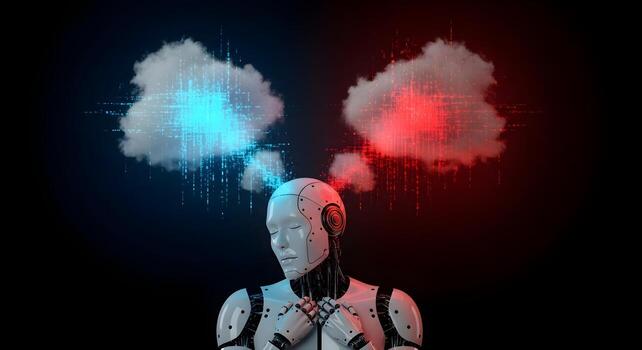 The dream state of an AI, visualized as a sleeping robot with both beautiful, orderly data patterns and chaotic, glitching nightmares forming above it photo