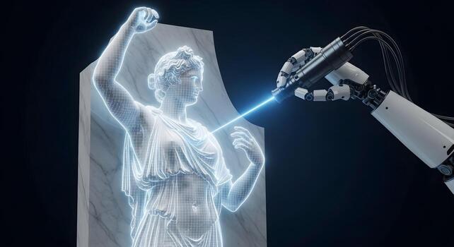 Futuristic AI concept of a robot sculptor carving a classical figure from a block of digital data photo
