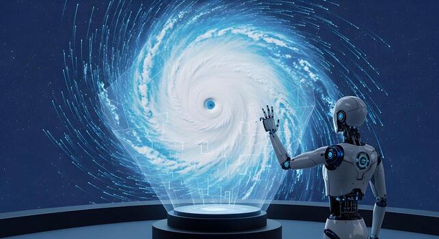 AI in meteorology, showing a robot analyzing and controlling a complex holographic weather simulation photo