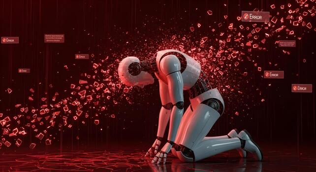A powerful visual of AI system failure, with a kneeling robot surrounded by fragmenting data and red error messages photo