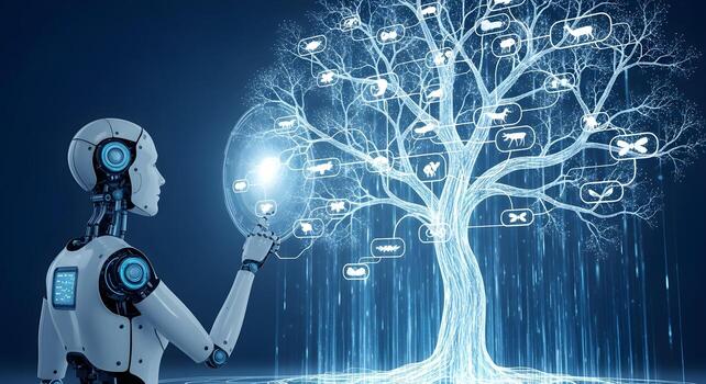 A robot biologist studying a holographic Tree of Life, tracing evolutionary paths with data streams photo