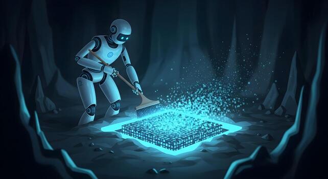A digital archaeologist robot uncovers a lost data artifact, a conceptual image representing data recovery, digital preservation, information retrieval, and exploring the history of the digital world. photo