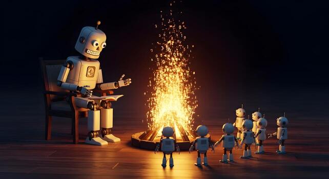 A storyteller robot sharing narratives around a digital campfire, a charming metaphor for stories, knowledge transfer between machines, and the future of automated content creation and folklore. photo