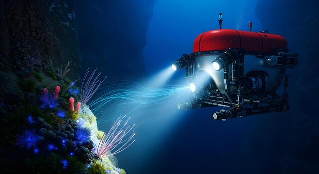 An autonomous submersible AI robot exploring a deep ocean trench, discovering and analyzing bioluminescent lifeforms photo
