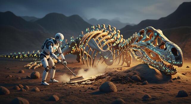 A data paleontologist robot unearths the fossil of a digital dinosaur made of legacy data photo
