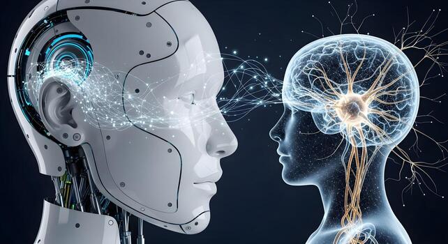 A conceptual close-up of an AI brain-computer interface, with data streams connecting a robot's mind to a neural network photo