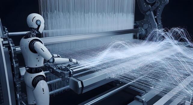 A digital weaver robot operating a futuristic loom to create fabric from data threads photo