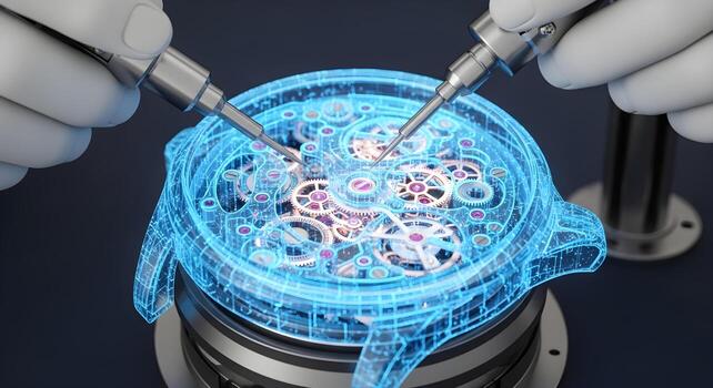 A robot watchmaker assembling an intricate data watch, a metaphor for precision engineering, time-sensitive programming, cron jobs, and the detailed, reliable mechanics of complex software systems photo