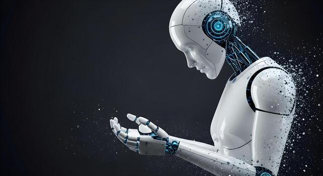 The concept of digital decay or AI memory loss, shown as a robot's hands dissolving into fading data particles photo