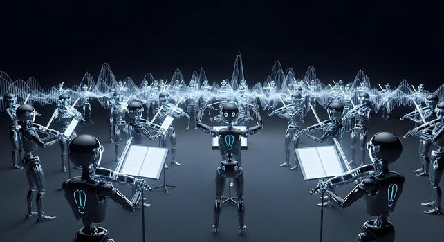 A master AI conducting a full orchestra of robots playing instruments of light, a powerful visual for system-wide orchestration, multi-agent systems, harmony, and synchronized automated processes. photo