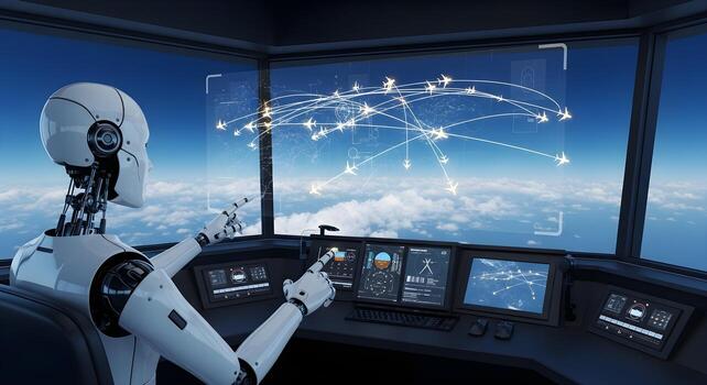 An AI air traffic controller robot managing holographic flight paths in a futuristic tower. A concept for automation in aviation, complex logistical control, and transportation network management. photo