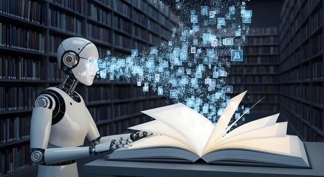 The concept of direct data absorption, showing a robot reading a glowing book as information flows into its mind photo