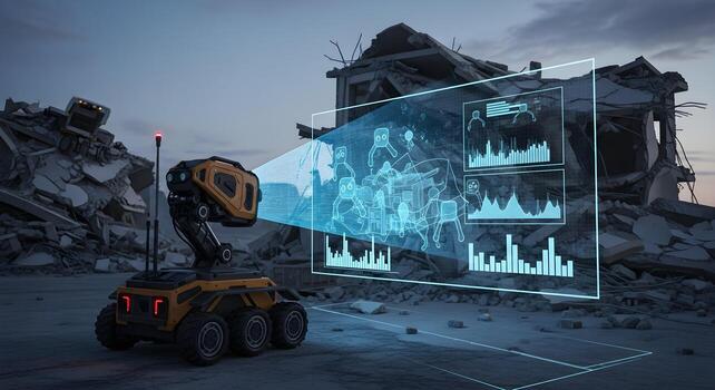 A disaster relief robot using AI and holographic grids to search for survivors. A futuristic concept for emergency services, search and rescue operations, and using technology to save lives in crises. photo