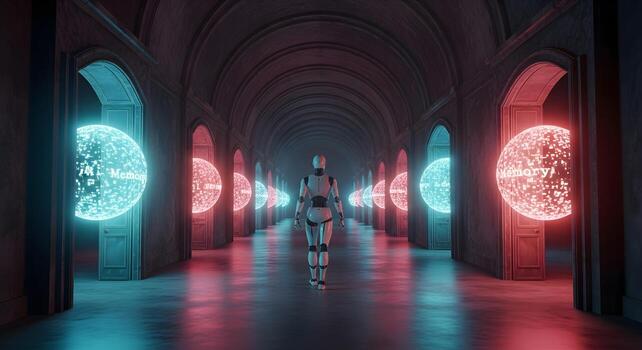 A robot navigating a 'memory palace', a surreal architectural space representing an AI's consciousness and data storage photo