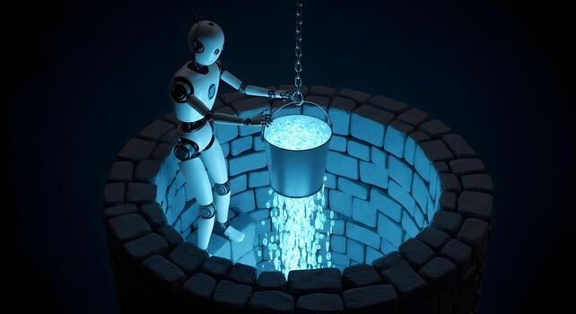 A robot drawing glowing liquid data from a deep well, a creative metaphor for deep data mining, accessing foundational information sources, data retrieval, and tapping into a wellspring of knowledge. photo