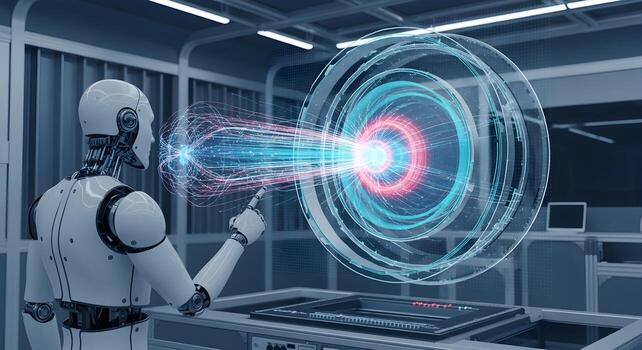 An AI physicist analyzing a particle collision in a holographic simulator photo