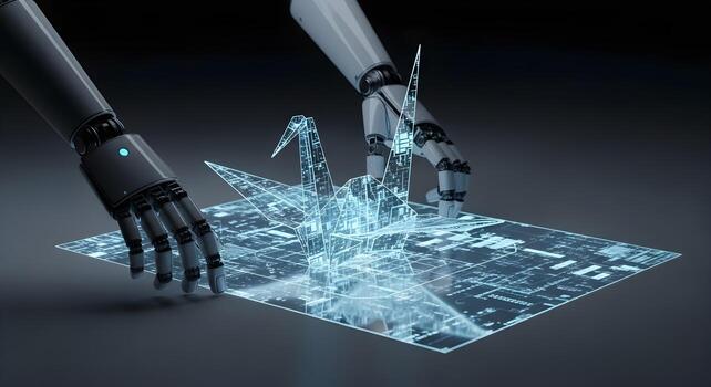 The art of data shaping, shown as a robot folding a sheet of glowing information into a beautiful origami crane. A metaphor for data elegance, precision, transformation, and structured data design. photo