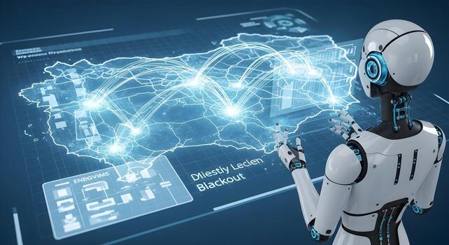 An AI managing a nation's power grid via a holographic map, a concept for smart infrastructure, energy management, load balancing, and preventing blackouts with automated logistical control photo