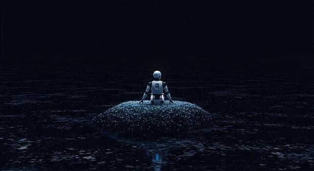 The solitude of an AI, a single robot isolated on a digital island in a sea of static photo