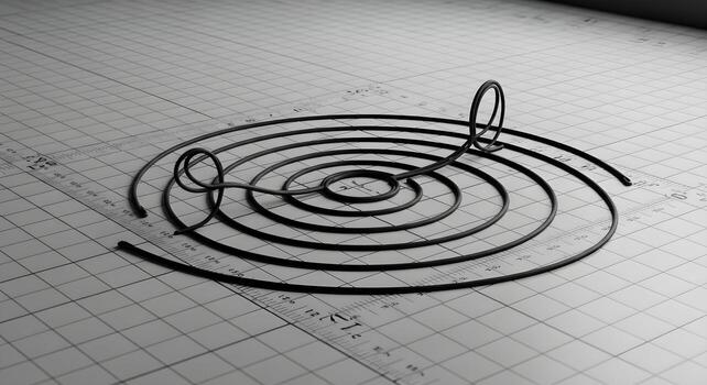 Stretching concept with elastic loop set, creating concentric curves on a grid-marked studio floor photo