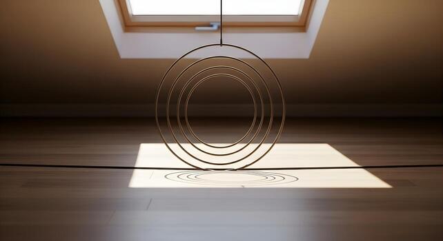 Stretching concept with elastic loop set in a calm loft with a skylight, captured with natural lighting and deep focus. Clean composition with copy space, suitable for fitness stories. photo