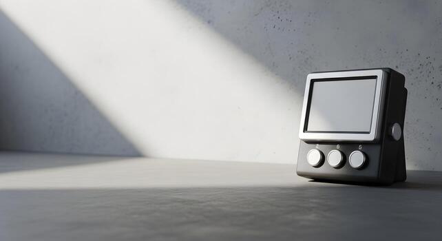 Gym Workout concept timer block, blank faceplate, no digits in minimal studio with concrete wall, skylight gradients photo