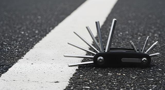 Cycling concept with multitool open to hex and torx shapes on asphalt, featuring white line texture. Captured with natural lighting and deep focus for ultrasharp textures and crisp edges. photo