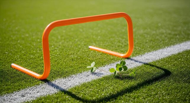 Soccer Training concept Portable mini hurdle on touchline with clean paint and clover, captured with natural light, deep focus for sharp textures and crisp edges, clean composition, copy space photo