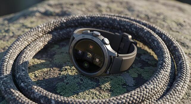 deporte reloj inteligente concepto con sensor formación, angular vista, en cuerda bobina en liquen roca foto