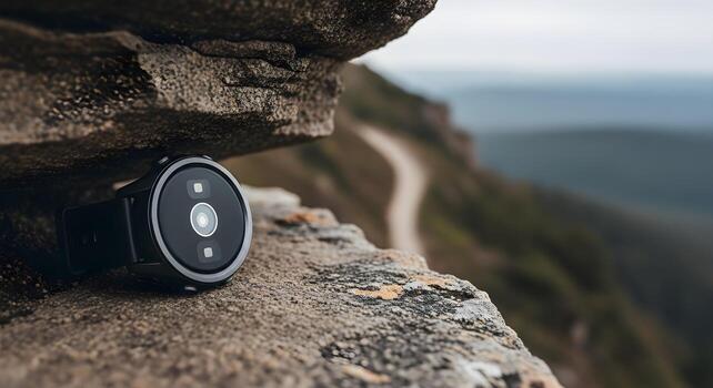 Sport Smartwatch concept with sensor array, side-angled toward viewer, on weathered rock ledge overlooking a trail photo