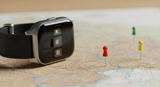 Sport Smartwatch concept with sensor array, angled view, set in cork map board with pins removed photo