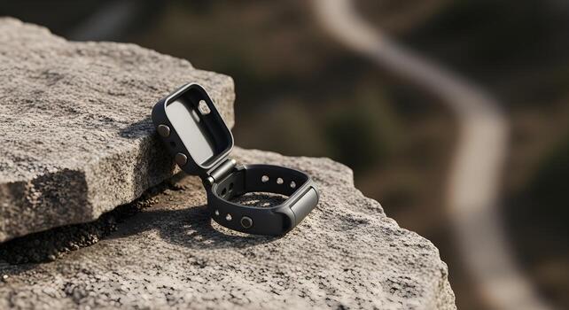 Sport Smartwatch concept soft case, no text, partially open, set in weathered rock ledge overlooking a trail bend photo