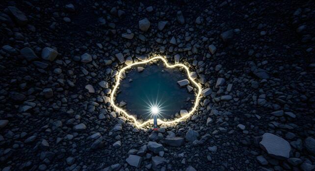 Outdoor Adventure Headlamp forms a lake outline on a volcanic scree slope with angular shards, captured with natural lighting and deep focus photo