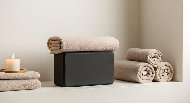 Recovery concept with yoga block, folded towel, and linens in a spa-like setting, featuring natural lighting and deep focus for sharp textures and crisp edges. photo