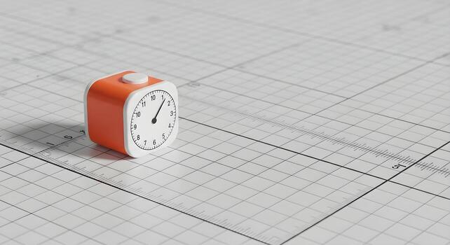 Stretching concept with a timer cube on a grid-marked studio floor. Features natural lighting, deep focus, and clean composition, suitable for fitness, health, and training. photo