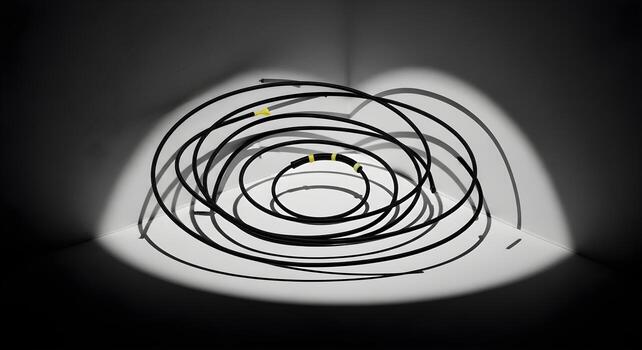 Stretching concept featuring elastic loop set creating concentric curves in dance bar corner with shadow rhythm, captured with natural lighting and deep focus. photo