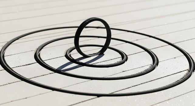 Stretching concept with elastic loop set creating concentric curves in pale concrete slab, captured with natural lighting and deep focus for ultrasharp textures and crisp edges photo