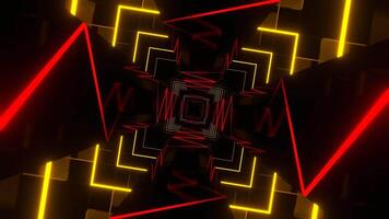 röd och gul neon kurva rör på sig i spegel tunnel bakgrund vj slinga i 4k video